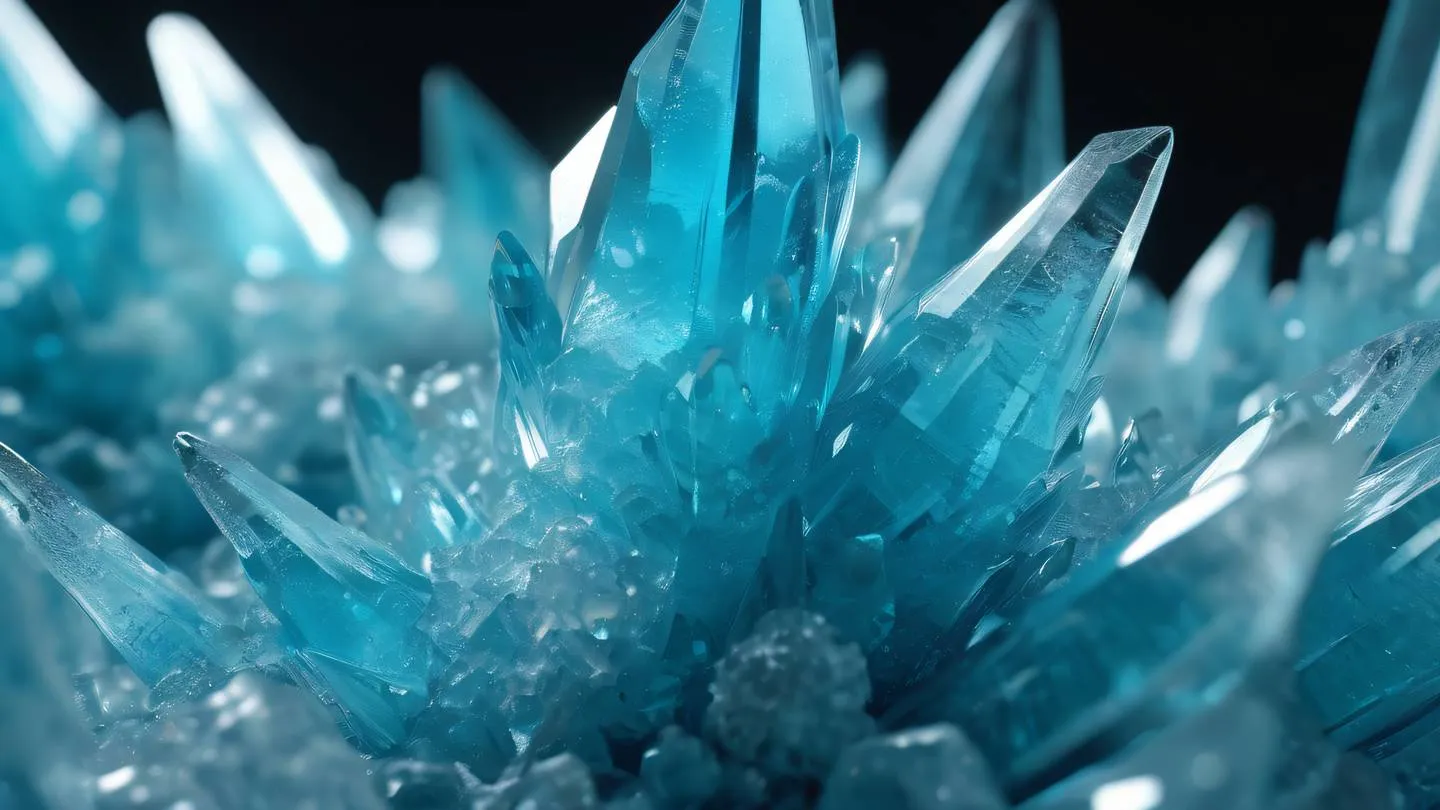 A close-up macro shot of layered translucent crystal formations featuring bright cyan and electric blue hues with white highlights. The crystals appear to spiral and interlock in an abstract pattern. Ultra-realistic cinematic lighting sharp details 8K resolution high quality rendering with dramatic side lighting creating subtle shadows and refractions