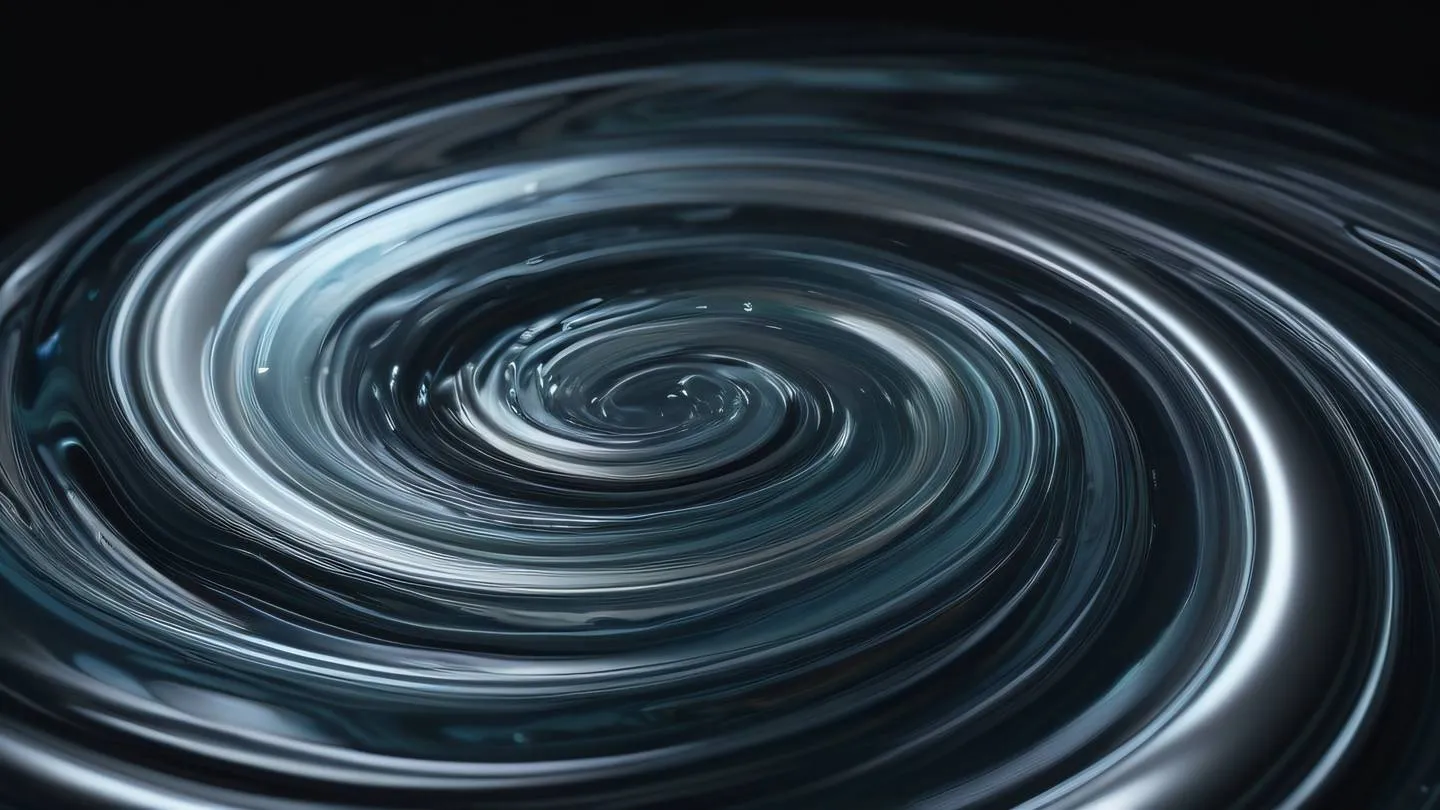 Abstract fluid art composition featuring swirling bright iridescent and silver tones against a dark background. Captured from above perspective showing dynamic flow patterns with metallic reflections. High-quality ultra-realistic cinematic 8K UHD high resolution sharp and detailed