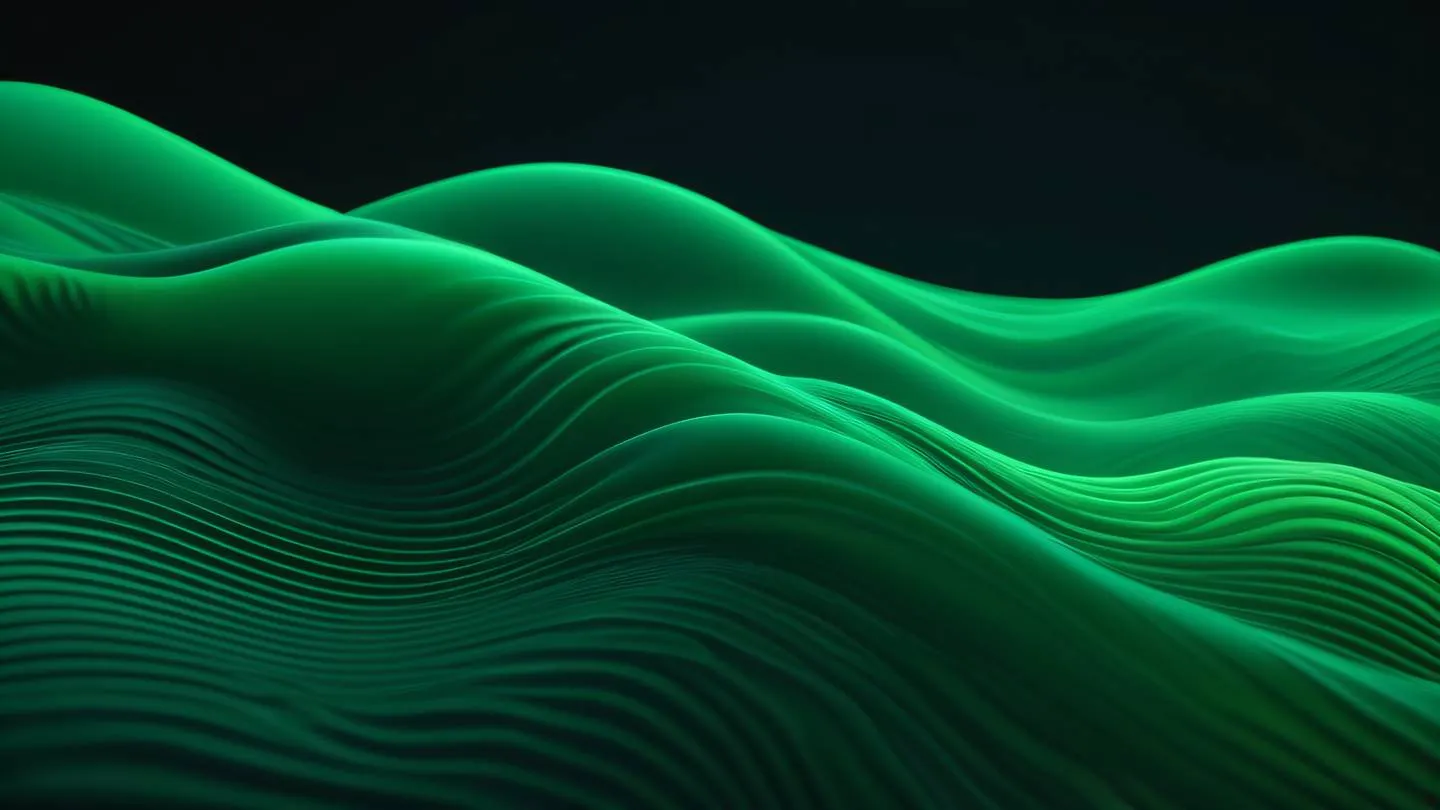 Smooth flowing dark green and neon green gradient waves creating an abstract pattern with organic shapes. Shot from a low angle perspective emphasizing the dynamic movement and contrast. High-quality ultra-realistic cinematic 8K UHD high resolution sharp and detailed