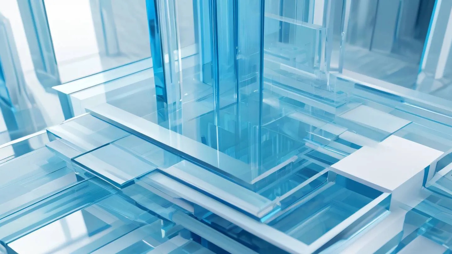 Geometric abstract composition with overlapping transparent layers in bright blue and white tones. Photographed straight on featuring crystalline structures with sharp edges and clean lines. High-quality ultra-realistic cinematic 8K UHD high resolution sharp and detailed