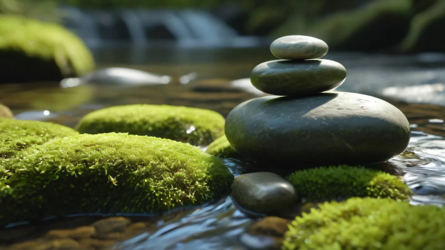 Smooth stones balanced on top of each other against a crystal-clear flowing stream with soft morning sunlight casting gentle shadows emerald green moss visible in background captured from a low angle perspective high-quality ultra-realistic cinematic 8K UHD high resolution sharp and detail