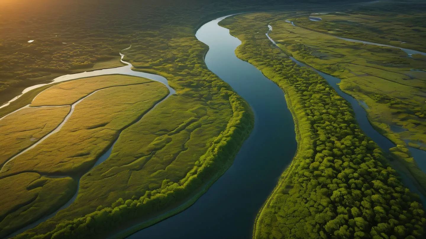 Aerial view of a winding river delta forming natural patterns through verdant landscape vibrant orange sunset reflecting off the water surfaces captured from a high altitude perspective high-quality ultra-realistic cinematic 8K UHD high resolution sharp and detail