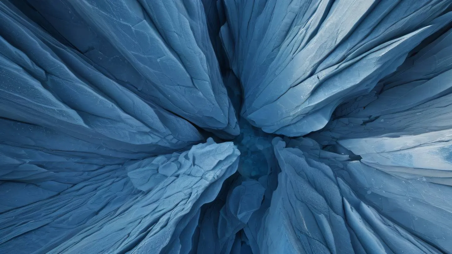 A serene abstract landscape with flowing crystalline structures resembling error patterns dominated by indigo and baby blue tones sharp geometric shapes intersecting with organic forms captured from a top-down aerial perspective high-quality ultra-realistic cinematic 8K UHD high resolution sharp and detail