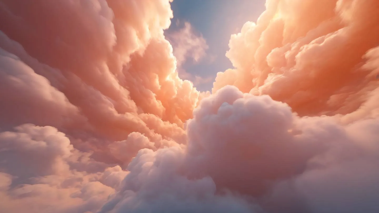 Abstract flowing clouds in motion with swirling patterns featuring salmon-orange and peach colors blending together captured from a low-angle perspective looking upward high-quality ultra-realistic cinematic 8K UHD high resolution sharp and detail