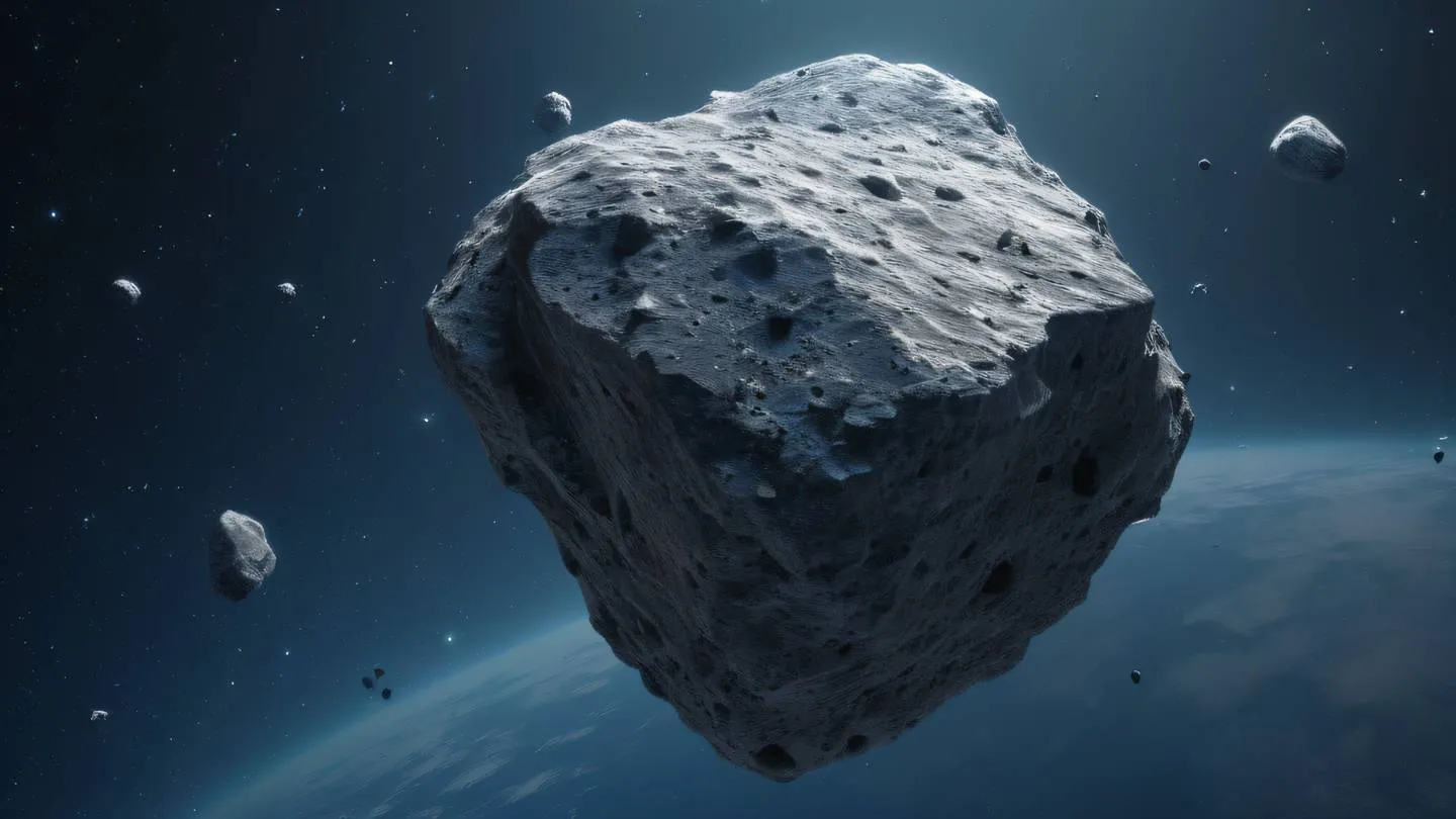 A rocky asteroid floating in space with crystalline formations featuring dusty blue and concrete colors sharp edges and detailed surface texture photographed from a diagonal three-quarter view perspective high-quality ultra-realistic cinematic 8K UHD high resolution sharp and detail