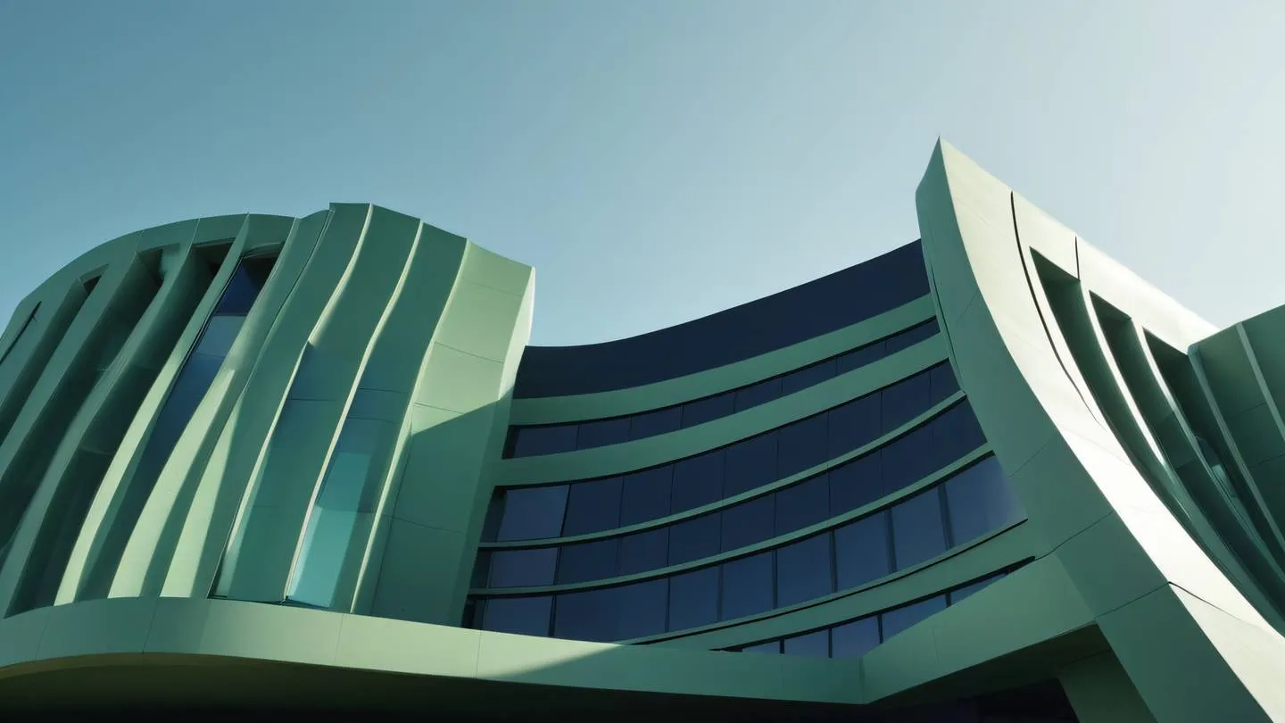 A modern abstract architectural structure with clean lines and geometric shapes featuring sage green and navy blue gradient captured from a low angle perspective with natural sunlight creating dramatic shadows high-quality ultra-realistic cinematic 8K UHD high resolution sharp and detail