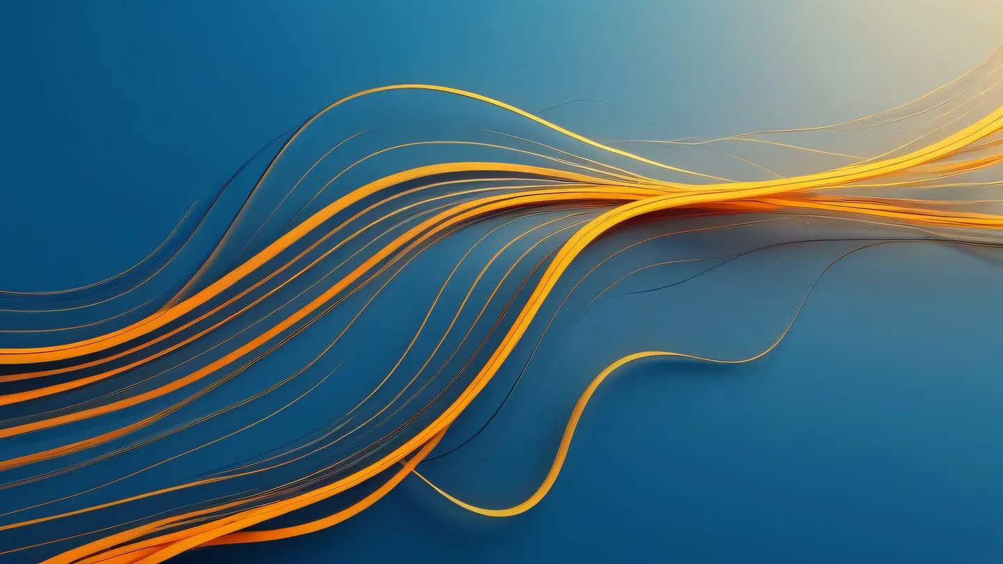 Abstract flowing lines representing data flow patterns with bright orange and minimalist yellow colors interweaving through a clear blue backdrop captured from a top-down aerial perspective high-quality ultra-realistic cinematic 8K UHD high resolution sharp and detail