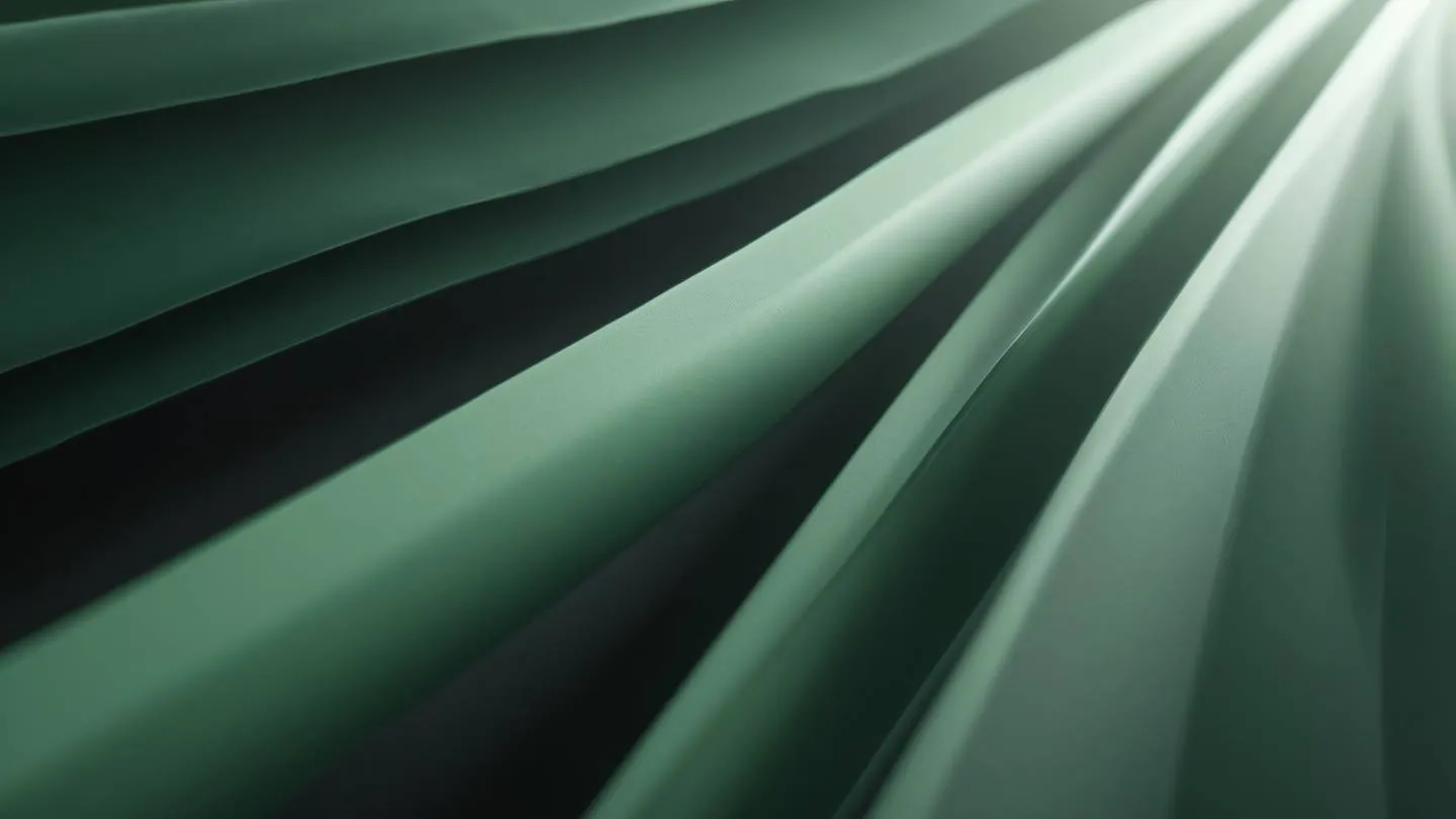 Geometric patterns flowing through space with sage and pine green colors blending with gray tones shot from a diagonal perspective with light rays piercing through high-quality ultra-realistic cinematic 8K UHD high resolution sharp and detail