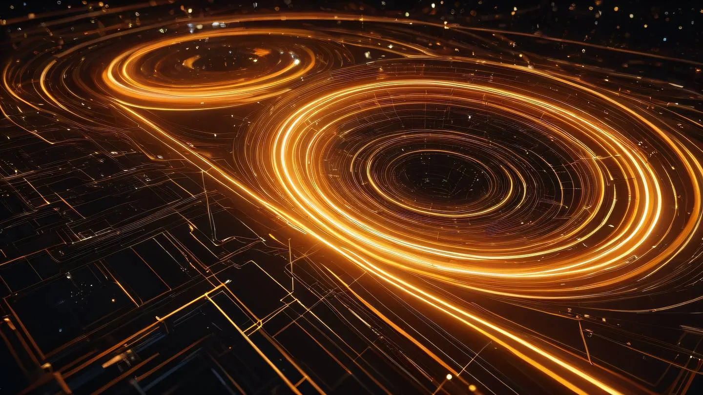 Abstract glowing geometric patterns floating in space representing interconnected data flows and state management. Colors: Vibrant amber white and red gradient swirls. Camera angle: Wide aerial shot looking down at the abstract patterns. High-quality ultra-realistic cinematic 8K UHD high resolution sharp and detail