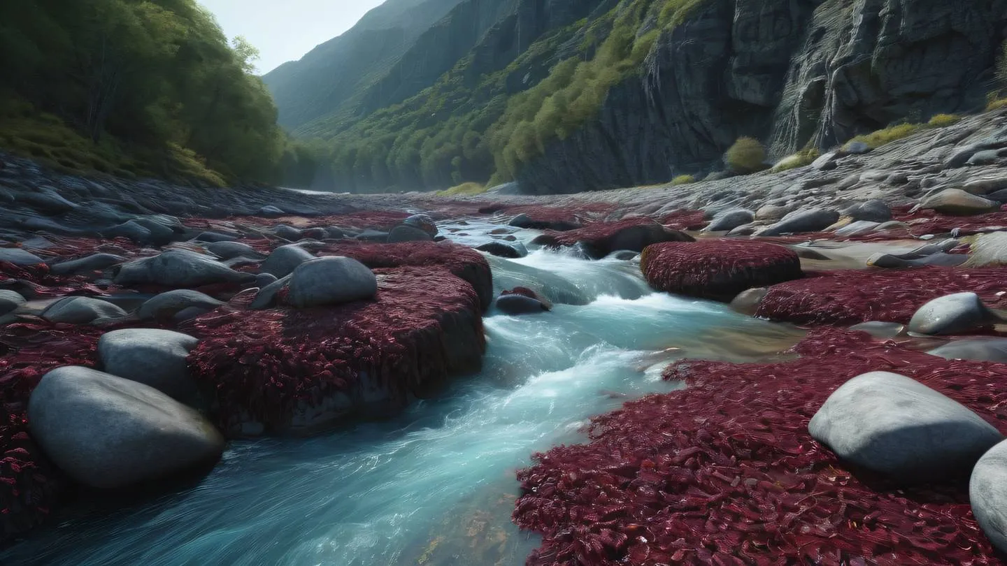 Flowing river cutting through rocky terrain symbolizing smooth data flow. Colors: Maroon seaweed and stone blue creating natural gradients. Camera angle: Low angle perspective following the river's path. High-quality ultra-realistic cinematic 8K UHD high resolution sharp and detail