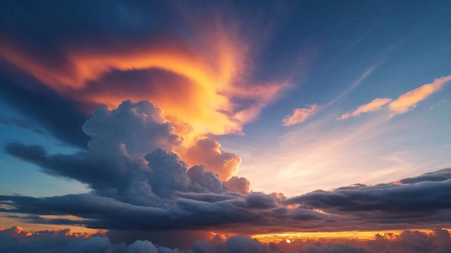 Dynamic cloud formations in a sunset sky representing scalable and flexible systems. Colors: Bright neon orange and electric blue streaks through white clouds. Camera angle: Upward shot capturing the expansive sky. High-quality ultra-realistic cinematic 8K UHD high resolution sharp and detail