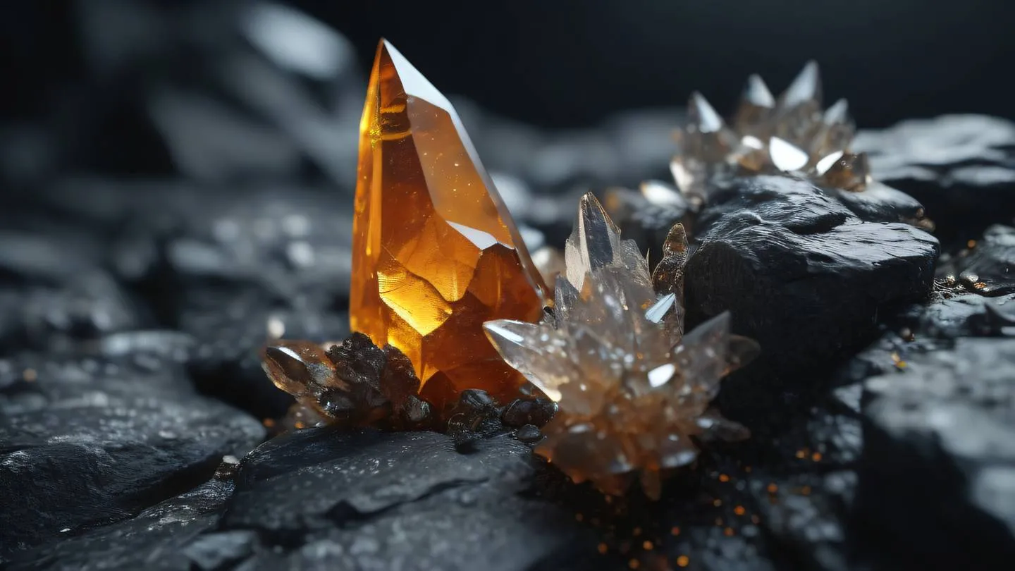 Abstract crystalline formations growing from rocky surface symbolizing structured growth and development. Colors: Amber and white crystals against dark stone background. Camera angle: Macro close-up shot with shallow depth of field. High-quality ultra-realistic cinematic 8K UHD high resolution sharp and detail