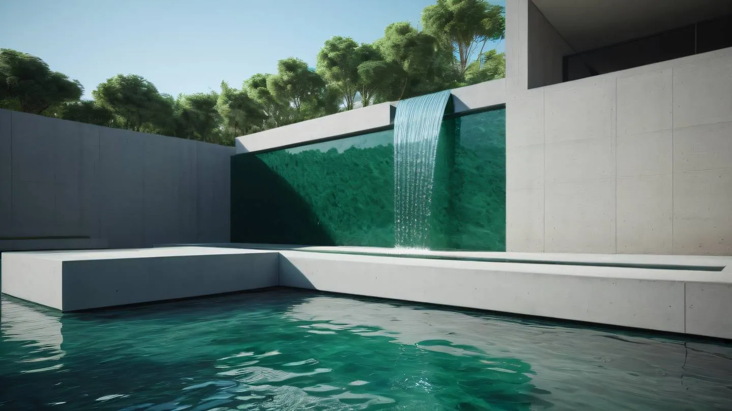 Modern minimalist water feature with cascading levels representing data flow emerald green and crystal clear water elements architectural concrete structure photographed from a diagonal low angle high-quality ultra-realistic cinematic 8K UHD high resolution sharp and detail