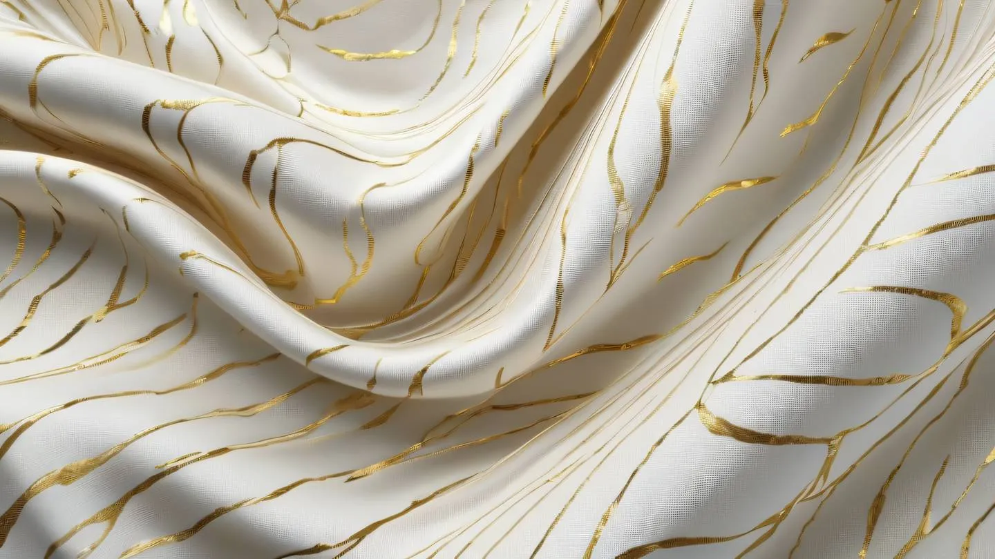 Abstract fabric texture with flowing patterns representing state management bright white and gold colors with subtle metallic sheen captured from an overhead bird's eye view high-quality ultra-realistic cinematic 8K UHD high resolution sharp and detail