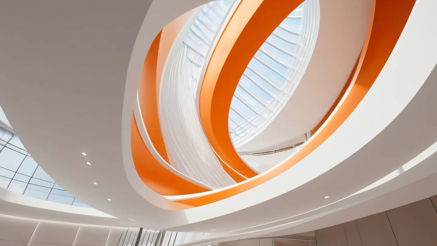 Elegant architectural curves and lines representing flow and harmony featuring bright orange and white tones with subtle light reflections photographed from a dramatic upward angle high-quality ultra-realistic cinematic 8K UHD high resolution sharp and detail