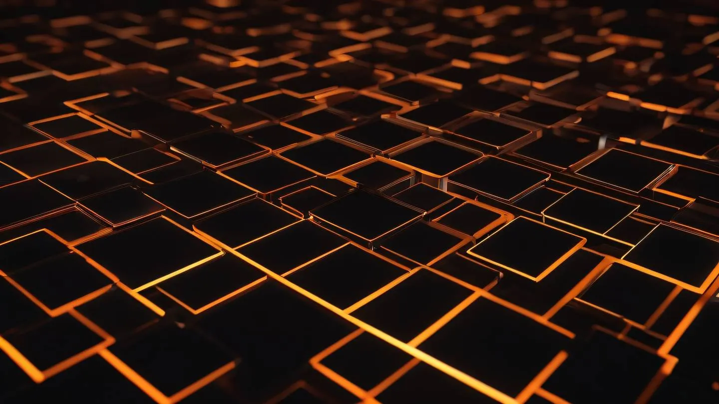 Abstract geometric shapes representing connected modules and dependencies featuring bright orange and black gradient patterns floating in space with dynamic lighting sharp shadows viewed from a low angle perspective high-quality ultra-realistic cinematic 8K UHD high resolution sharp and detail