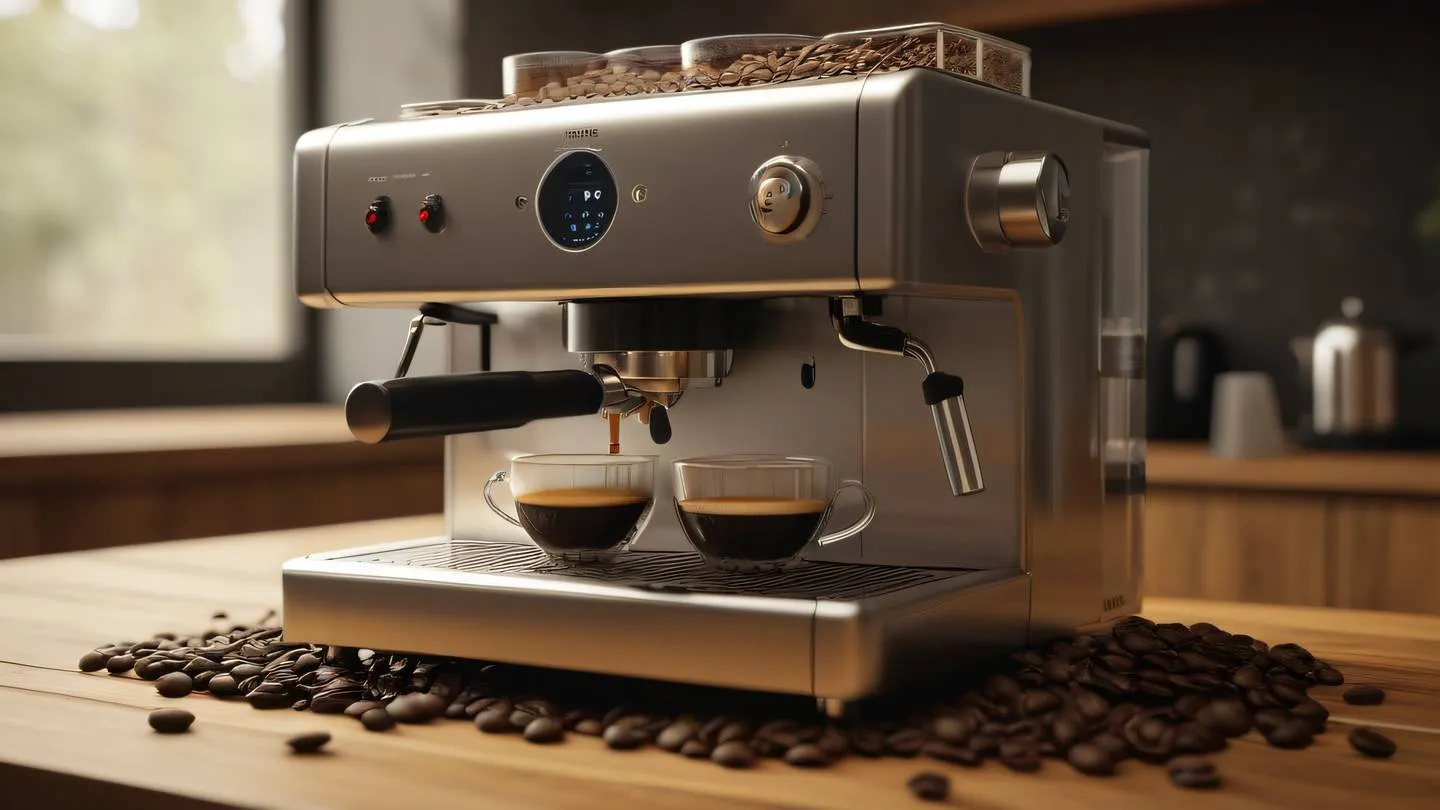 Modern coffee machine with steam rising surrounded by coffee beans scattered on wooden surface warm yellow and neutral tones photographed from a 45-degree angle high-quality ultra-realistic cinematic 8K UHD high resolution sharp and detail