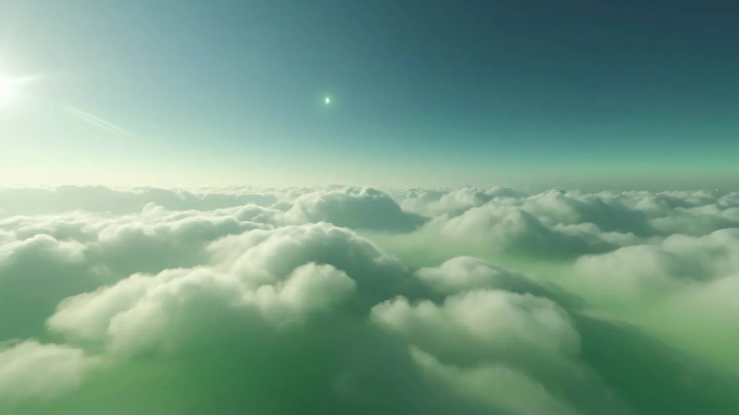 Weather elements like clouds and sun represented in minimalist design featuring October mist and bright green color scheme floating in abstract space shot from straight-on perspective high-quality ultra-realistic cinematic 8K UHD high resolution sharp and detail