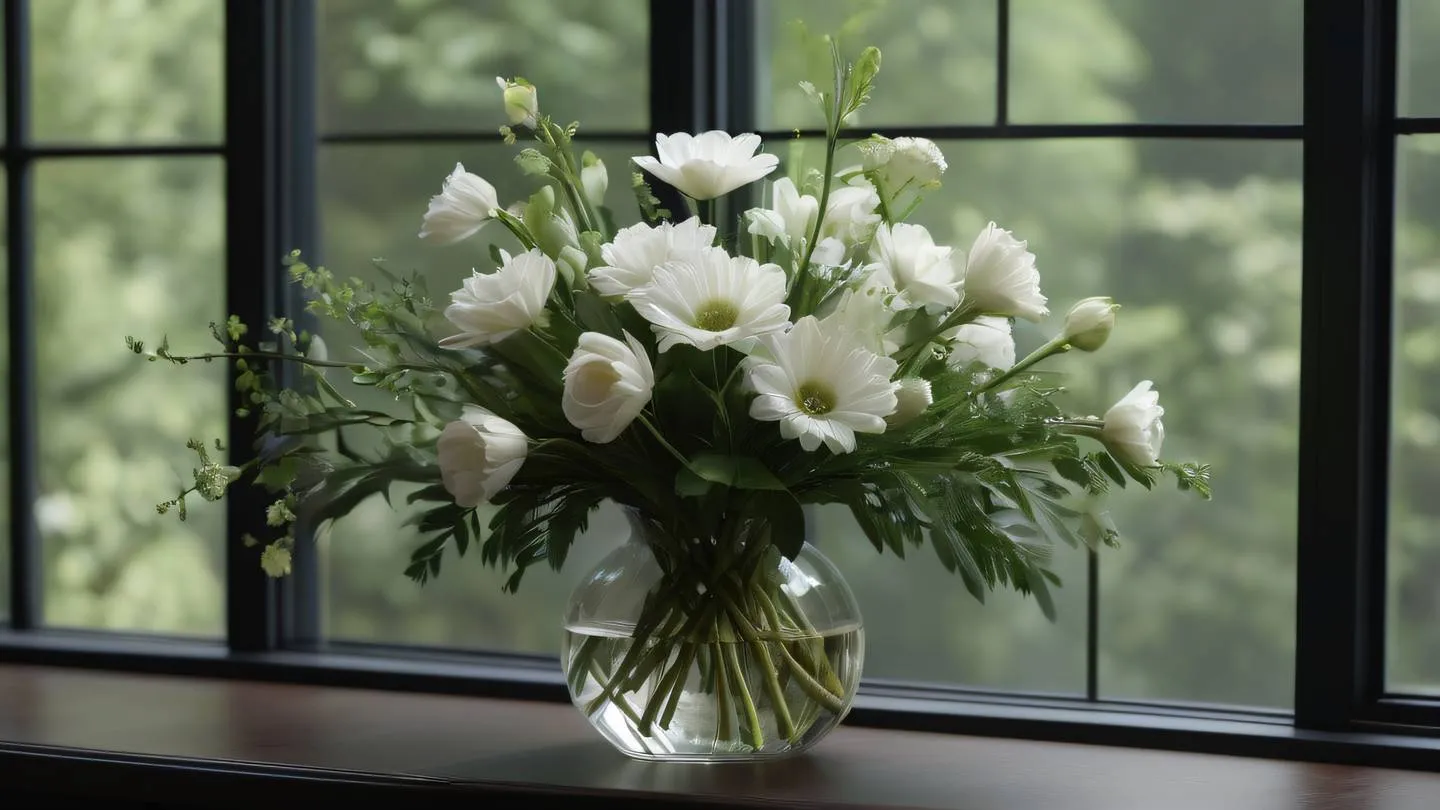 Elegant white flower arrangement with natural stems photographed from 45-degree angle dark academia color palette with rich browns and deep greens natural lighting from side window high-quality ultra-realistic cinematic 8K UHD high resolution sharp and detail