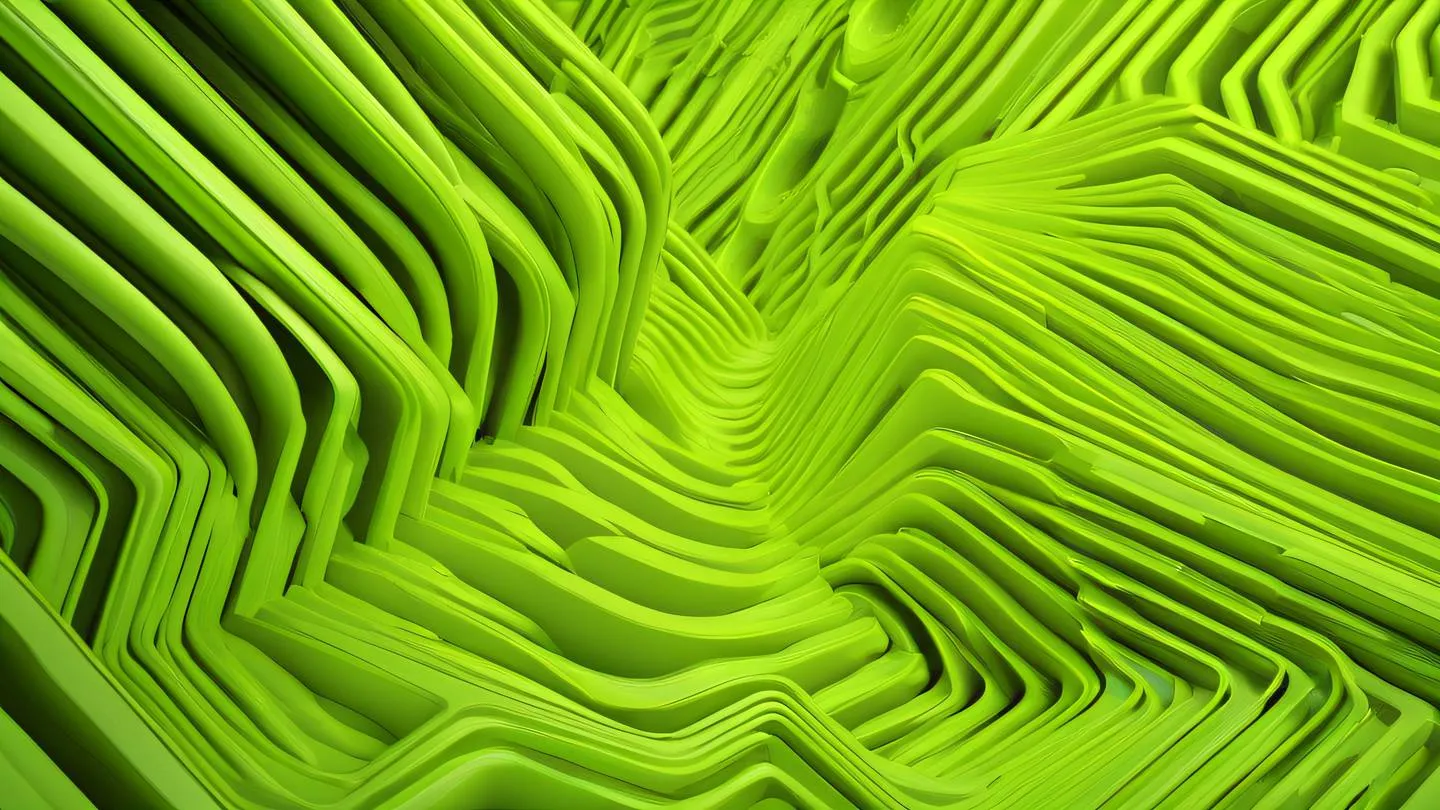 Dynamic abstract geometric shapes flowing in harmonious pattern rendered in fluorescent green and canary yellow representing efficient data management high-quality rendering sharp details 8K resolution captured from a low angle perspective with upward view