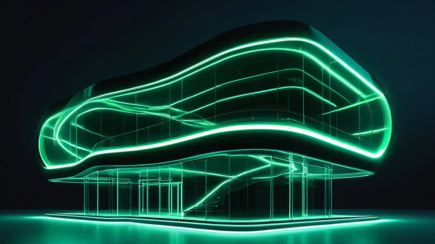 A minimalist modern structure with flowing curves and clean lines featuring dark green glass panels with neon green light accents. The structure appears to float above a reflective surface. Low angle perspective shot high-quality ultra-realistic cinematic 8K UHD high resolution sharp and detail