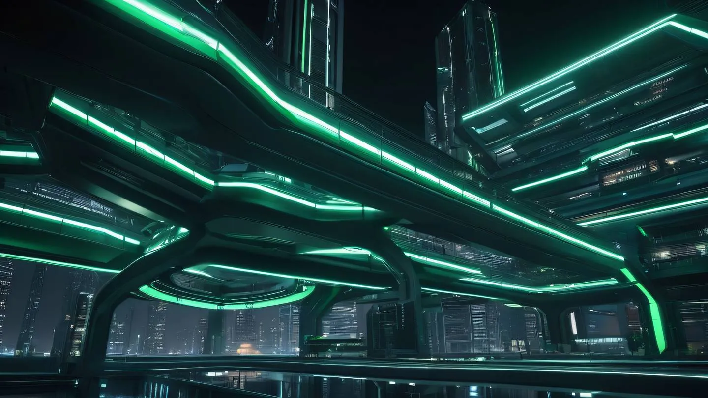 A futuristic cityscape with interconnected skyways and floating platforms rendered in bright metallic chrome and neon green accent lights against a dark background. The structures feature clean geometric patterns and smooth curves. Wide panoramic shot from side angle high-quality ultra-realistic cinematic 8K UHD high resolution sharp and detail