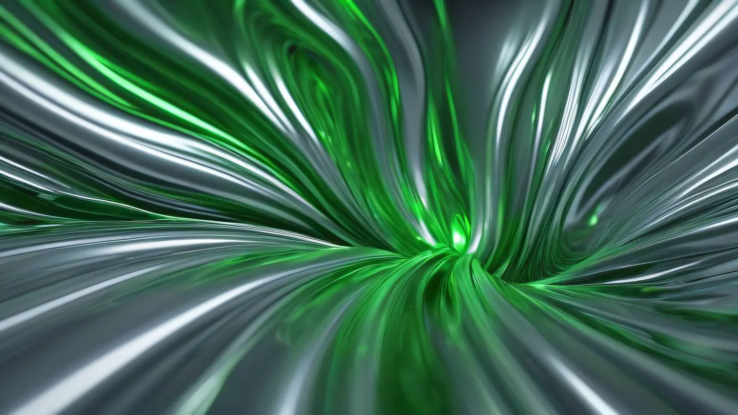 Abstract flowing liquid metal texture with swirling patterns of metallic silver and neon green capturing light reflections and smooth gradients ultra-realistic cinematic 8K UHD high resolution sharp and detailed macro shot from top-down perspective