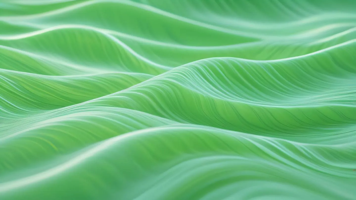 Smooth flowing iridescent texture with bright off-white and neon green colors creating natural wave patterns displaying beautiful light interactions high-quality ultra-realistic cinematic 8K UHD high resolution sharp and detail close-up shot at 45-degree angle