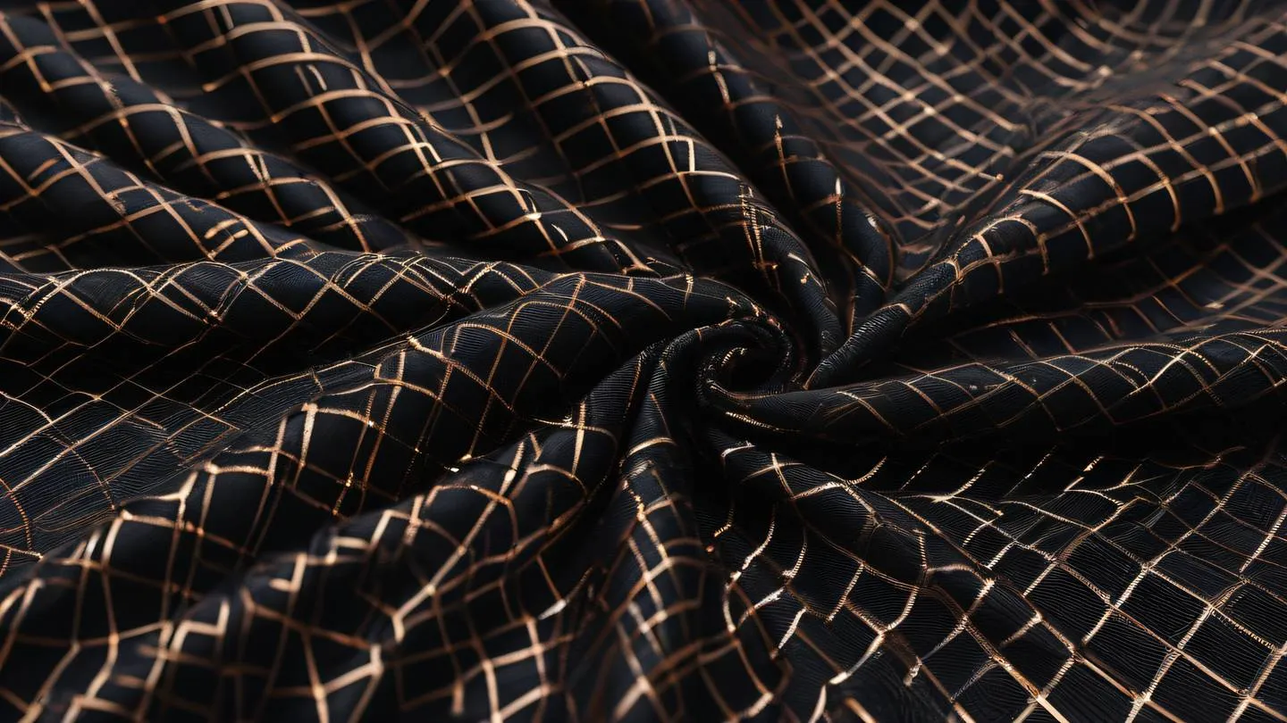 Elegant fabric texture with black and Rose gold threads interwoven creating sophisticated patterns showcasing natural light reflection high-quality ultra-realistic cinematic 8K UHD high resolution sharp and detail bird's eye view