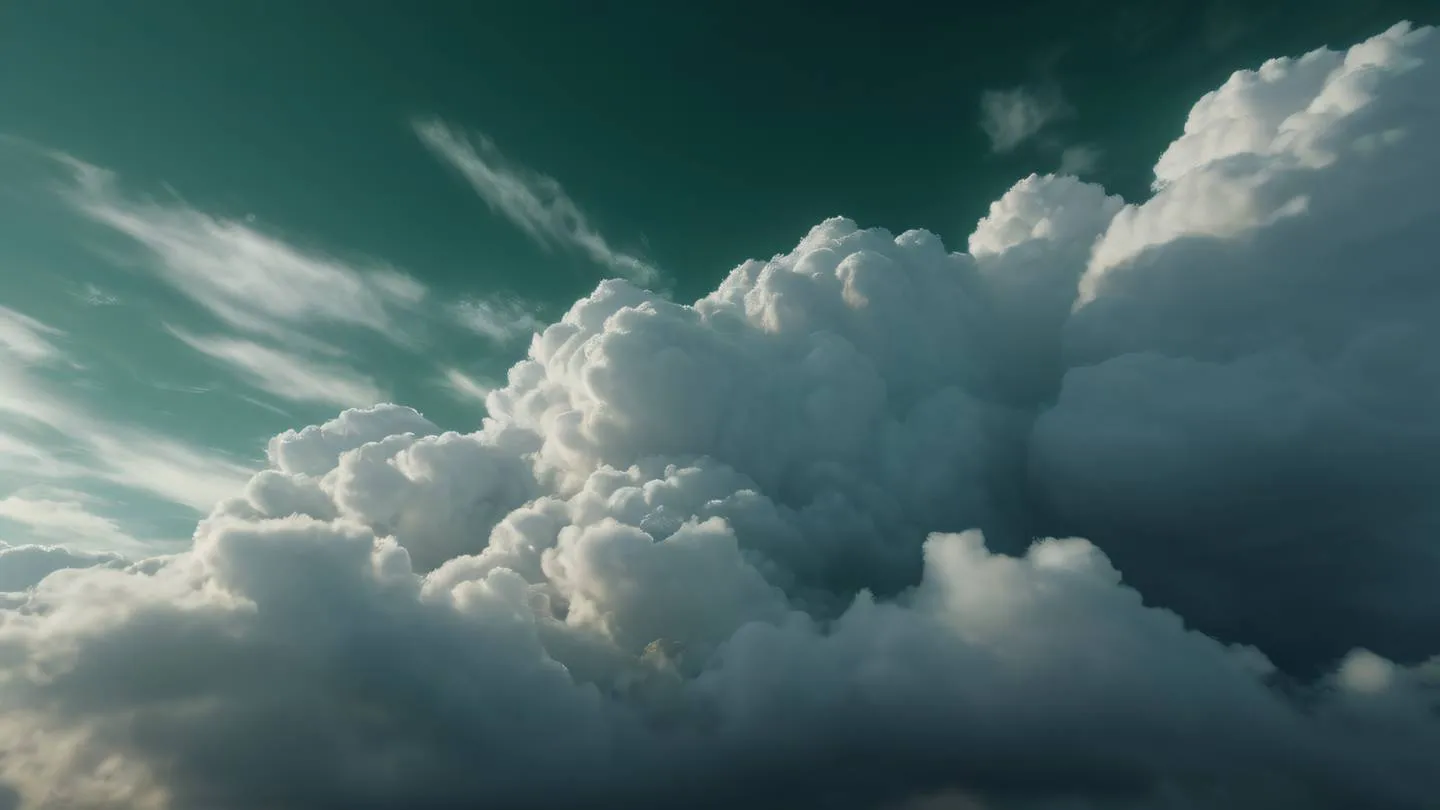 Serene cloud formations with bright Dark green and metallic silver swirls against clear backdrop displaying atmospheric depth and movement high-quality ultra-realistic cinematic 8K UHD high resolution sharp and detail dramatic low-angle shot