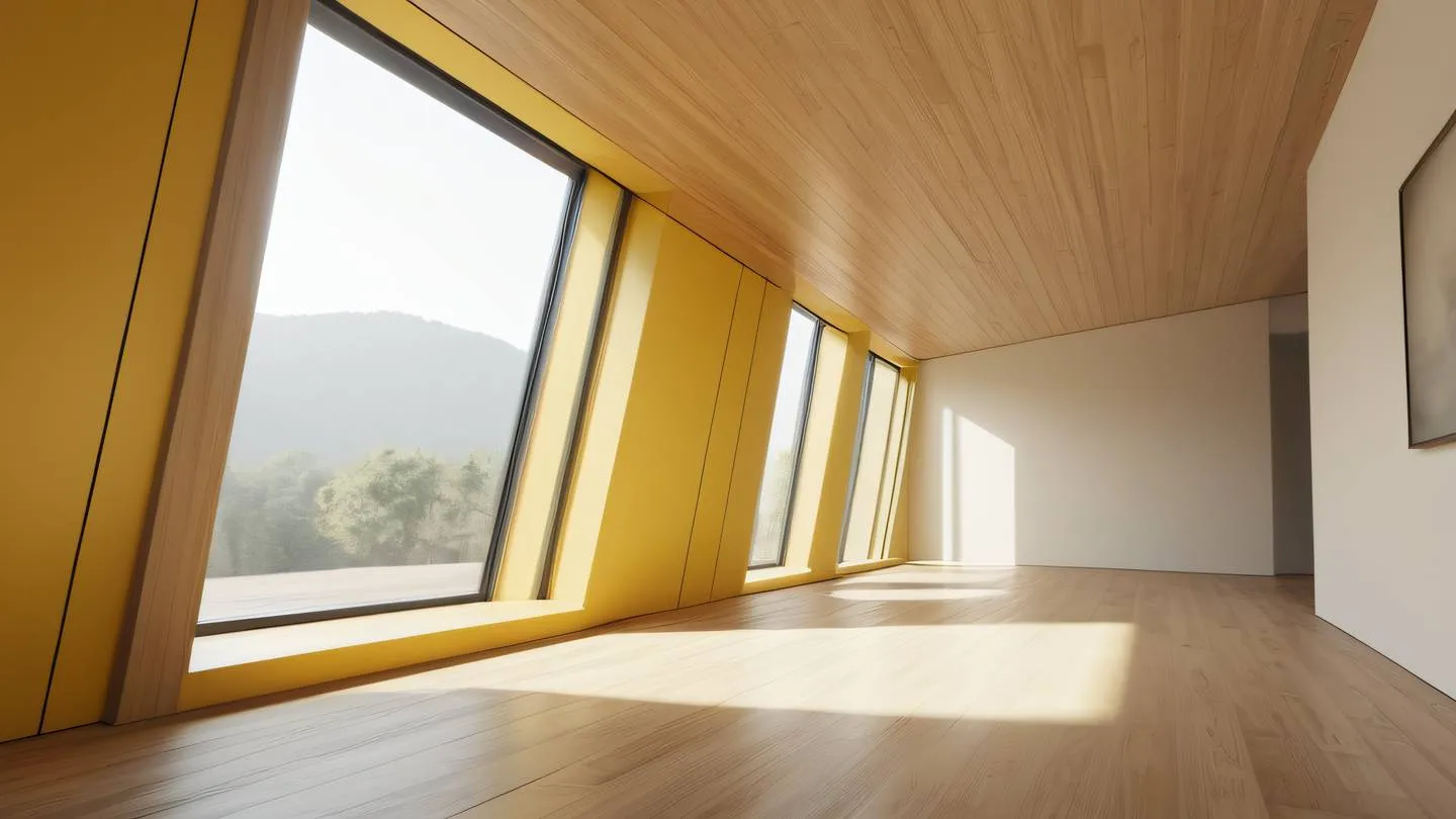 Modern minimalist architectural interior with geometric shapes and natural light streaming through large windows featuring clean lines and light wood textures shot from low angle perspective bright yellow and cream color palette with warm undertones high-quality ultra-realistic cinematic 8K UHD high resolution sharp and detail