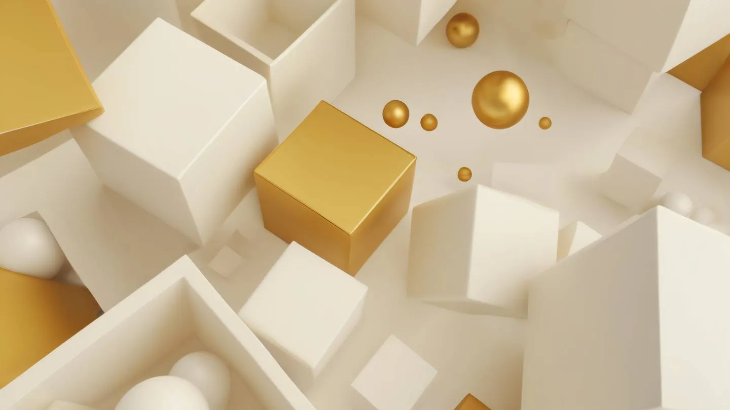 Abstract geometric composition with floating cubes and spheres in an infinite space featuring warm creamy whites and soft golden yellows captured from a bird's eye view high-quality ultra-realistic cinematic 8K UHD high resolution sharp and detail