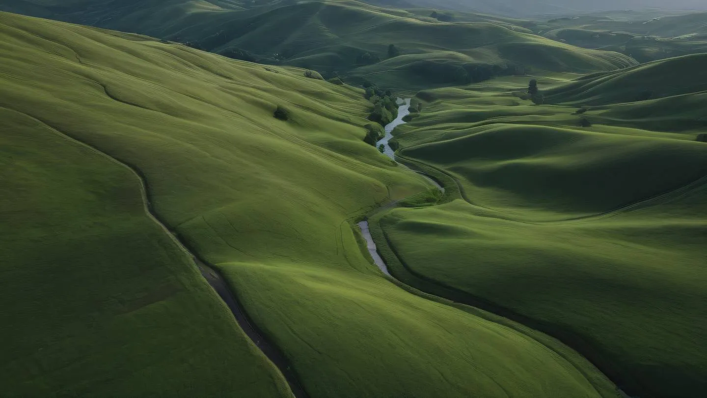 Serene landscape with rolling hills and gentle streams featuring dark academia color palette with rich browns and deep greens shot from drone perspective high-quality ultra-realistic cinematic 8K UHD high resolution sharp and detail