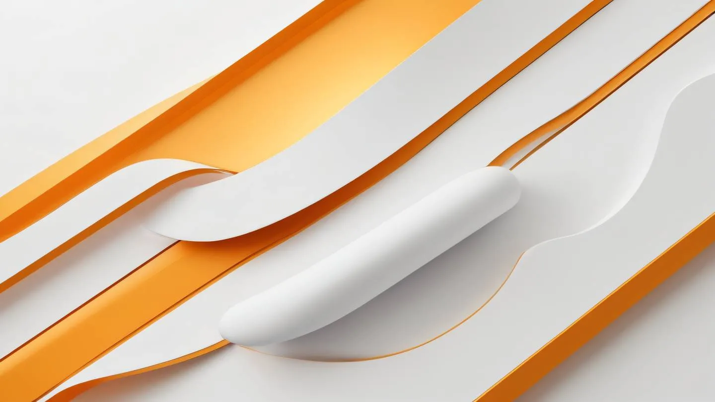 A minimalist abstract composition featuring flowing geometric shapes and curved lines resembling sliders and toggle interfaces rendered in bright amber and white colors with subtle gradients. Shot from top-down perspective high-quality ultra-realistic cinematic 8K UHD high resolution sharp and detail