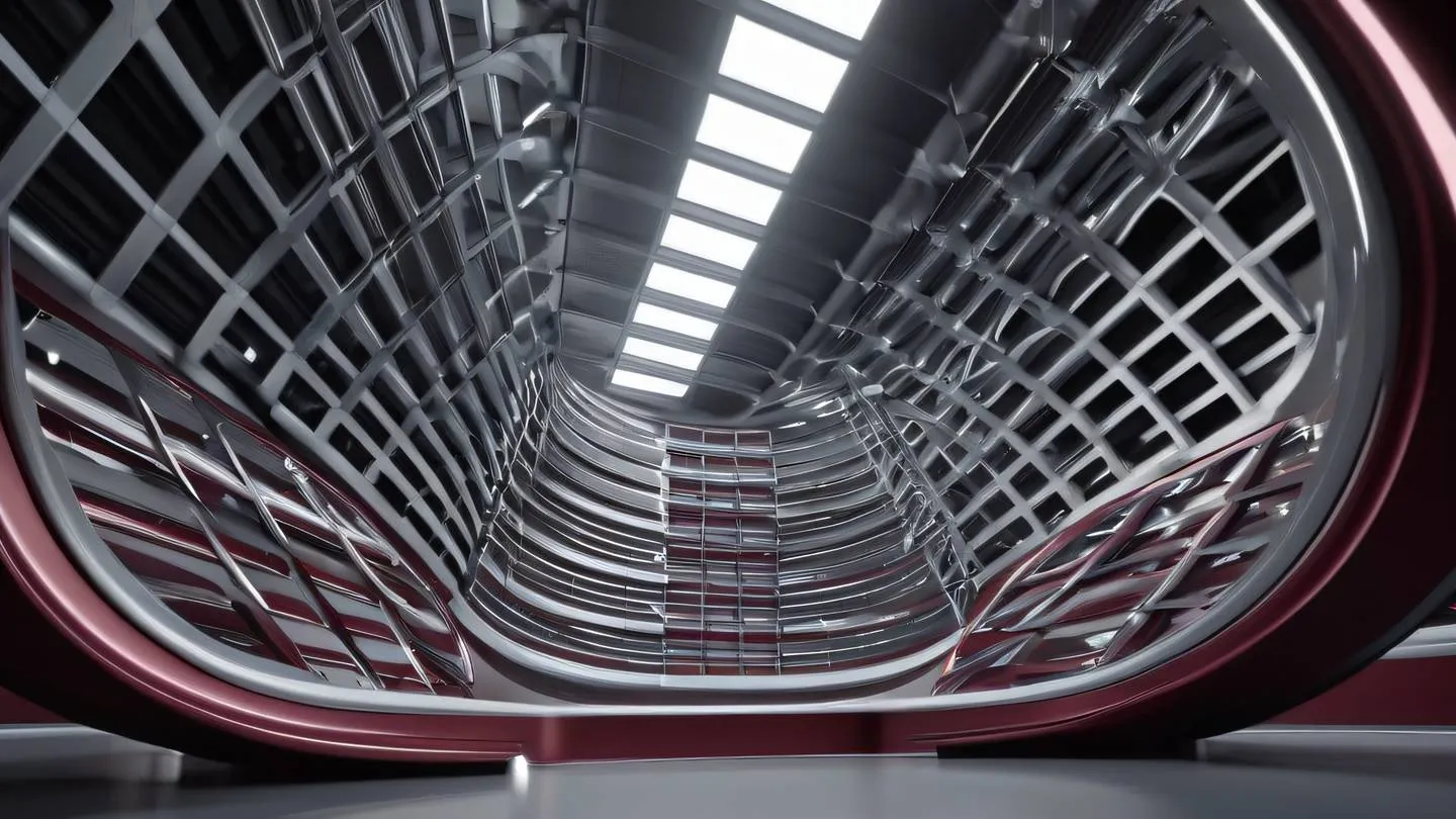 Industrial interior design elements featuring curved metal surfaces and geometric patterns executed in maroon and white colors with dynamic lighting. Viewed from a dramatic low angle perspective high-quality ultra-realistic cinematic 8K UHD high resolution sharp and detail