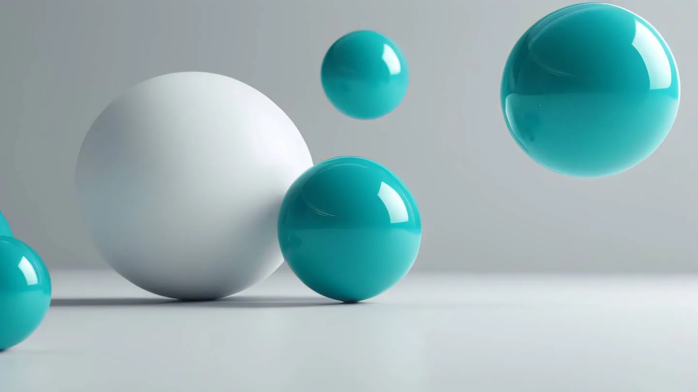 Modern minimalist floating spheres and geometric shapes in bright teal and white colors against a light gray background photographed from a diagonal angle high-quality ultra-realistic cinematic 8K UHD high resolution sharp and detail