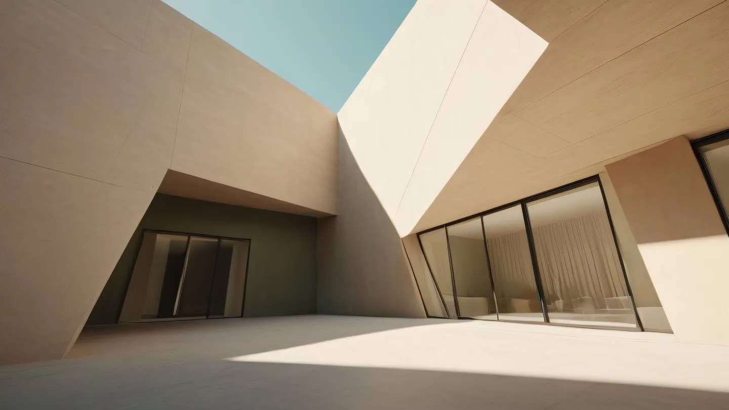 A serene minimalist architectural structure with clean lines and geometric shapes featuring natural sunlight casting dynamic shadows shot from a low angle perspective colors: soft natural beige and warm earthy tones with hints of sage green high-quality ultra-realistic cinematic 8K UHD high resolution sharp and detail