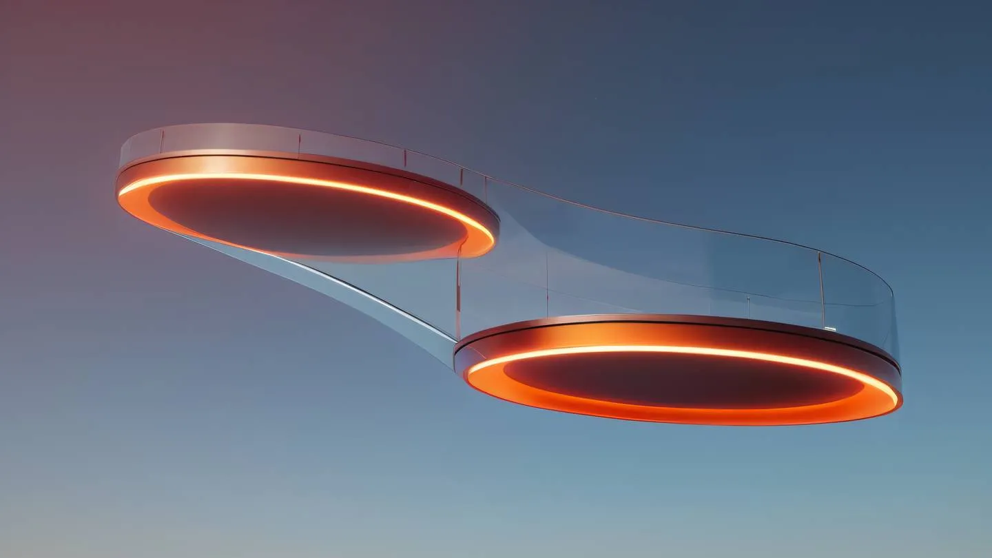 Futuristic minimalist floating platform with curved glass panels featuring bold orange and blood red gradient reflections captured from a low upward angle perspective high-quality ultra-realistic cinematic 8K UHD high resolution sharp and detail