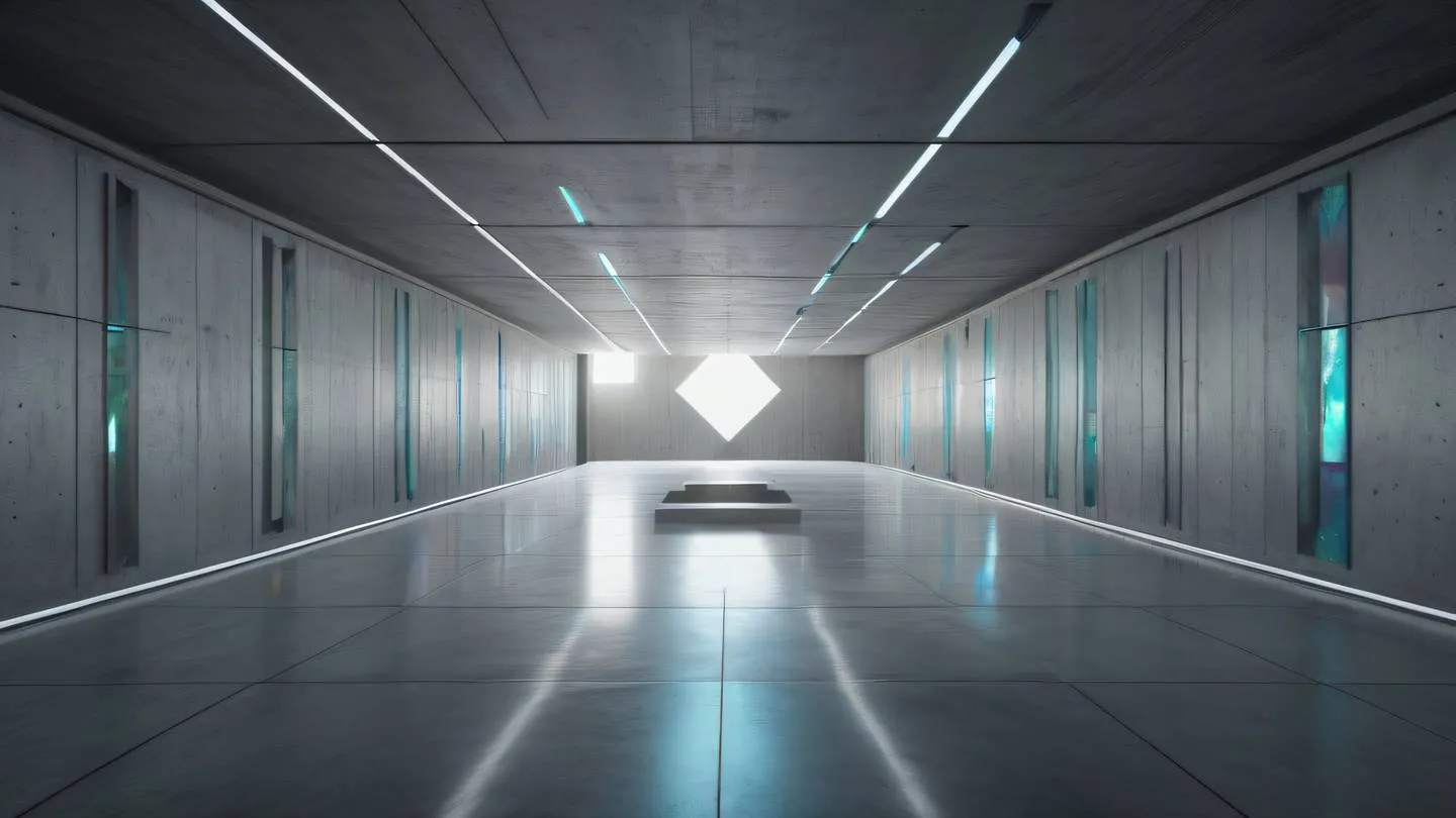 Modern concrete interior space with floating geometric shapes featuring iridescent and gem-like reflections shot from a straight-on perspective with symmetrical composition high-quality ultra-realistic cinematic 8K UHD high resolution sharp and detail