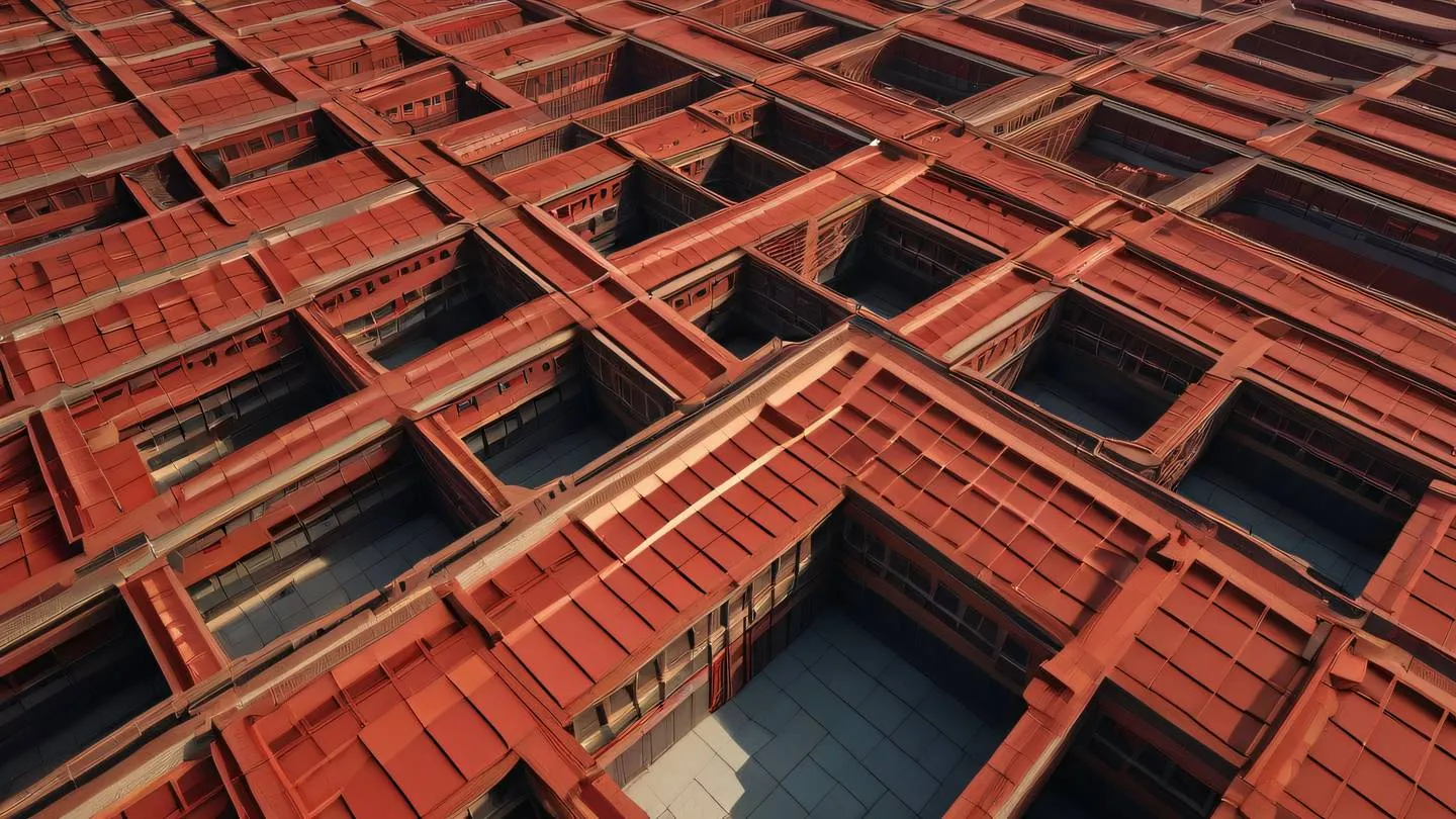 Abstract architectural visualization featuring perfect red ochre and grapeseed colors blending in geometric patterns viewed from a dramatic diagonal angle high-quality ultra-realistic cinematic 8K UHD high resolution sharp and detail