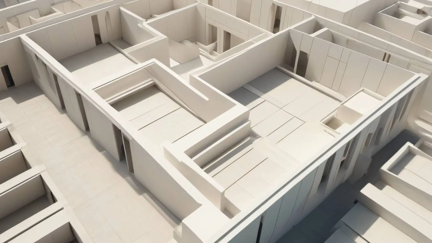 Minimalist architectural space with floating panels and off-white geometric shapes casting dynamic shadows captured from a bird's eye view perspective high-quality ultra-realistic cinematic 8K UHD high resolution sharp and detail