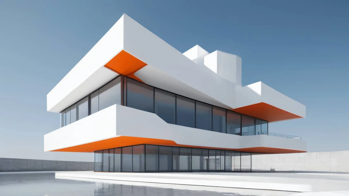 A minimalist modern architectural structure with floating geometric shapes emphasizing clean lines and material design principles. Color palette: bright whites brushed silver and warm orange accents. Shot from a low-angle perspective making the structure appear grand and imposing high-quality ultra-realistic cinematic 8K UHD high resolution sharp and detail