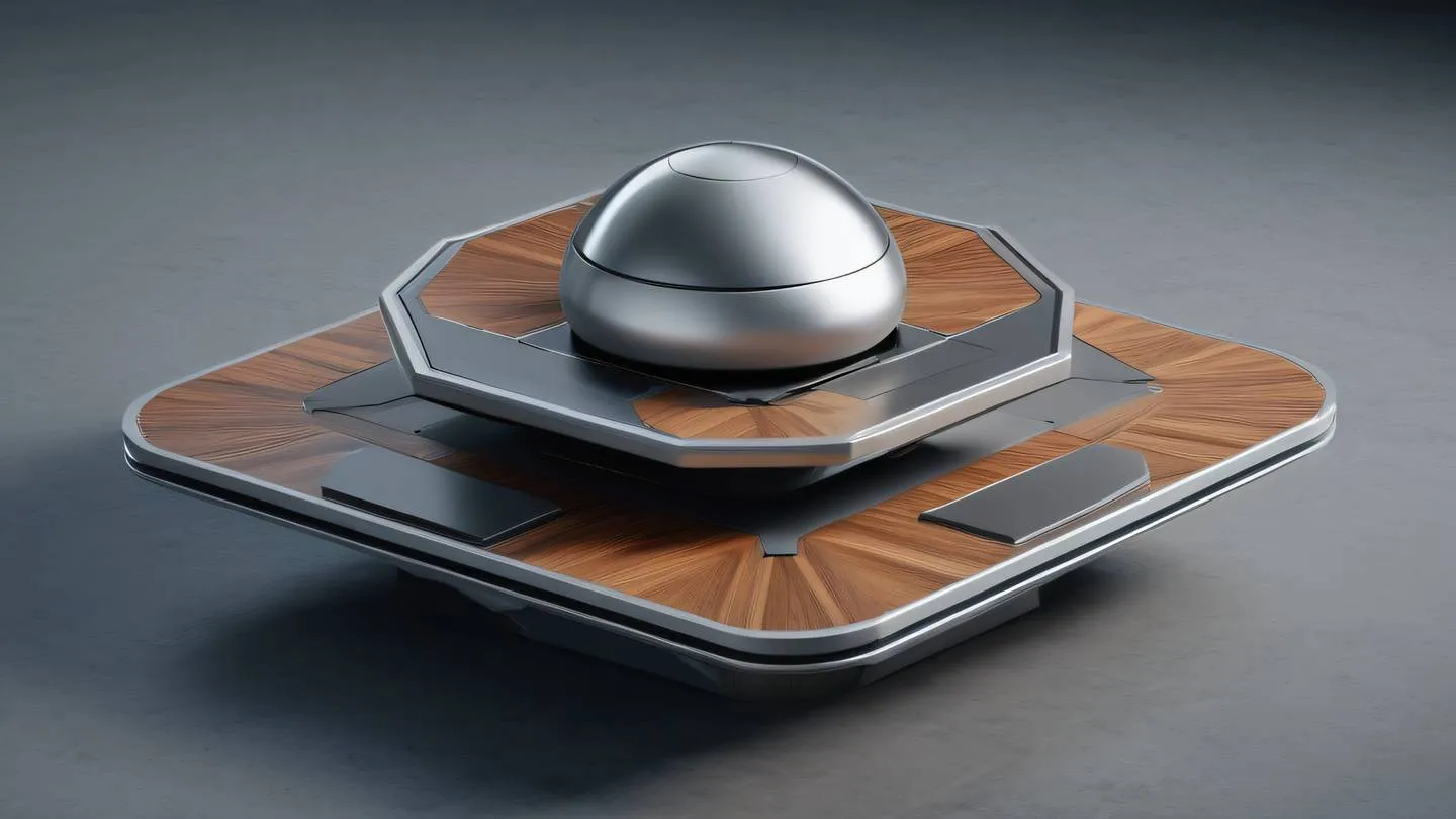 Futuristic floating platform with interconnected geometric shapes representing widget hierarchy. Colors: metallic silver base with warm walnut brown accents and iron grey details. Captured from a three-quarter aerial view high-quality ultra-realistic cinematic 8K UHD high resolution sharp and detail