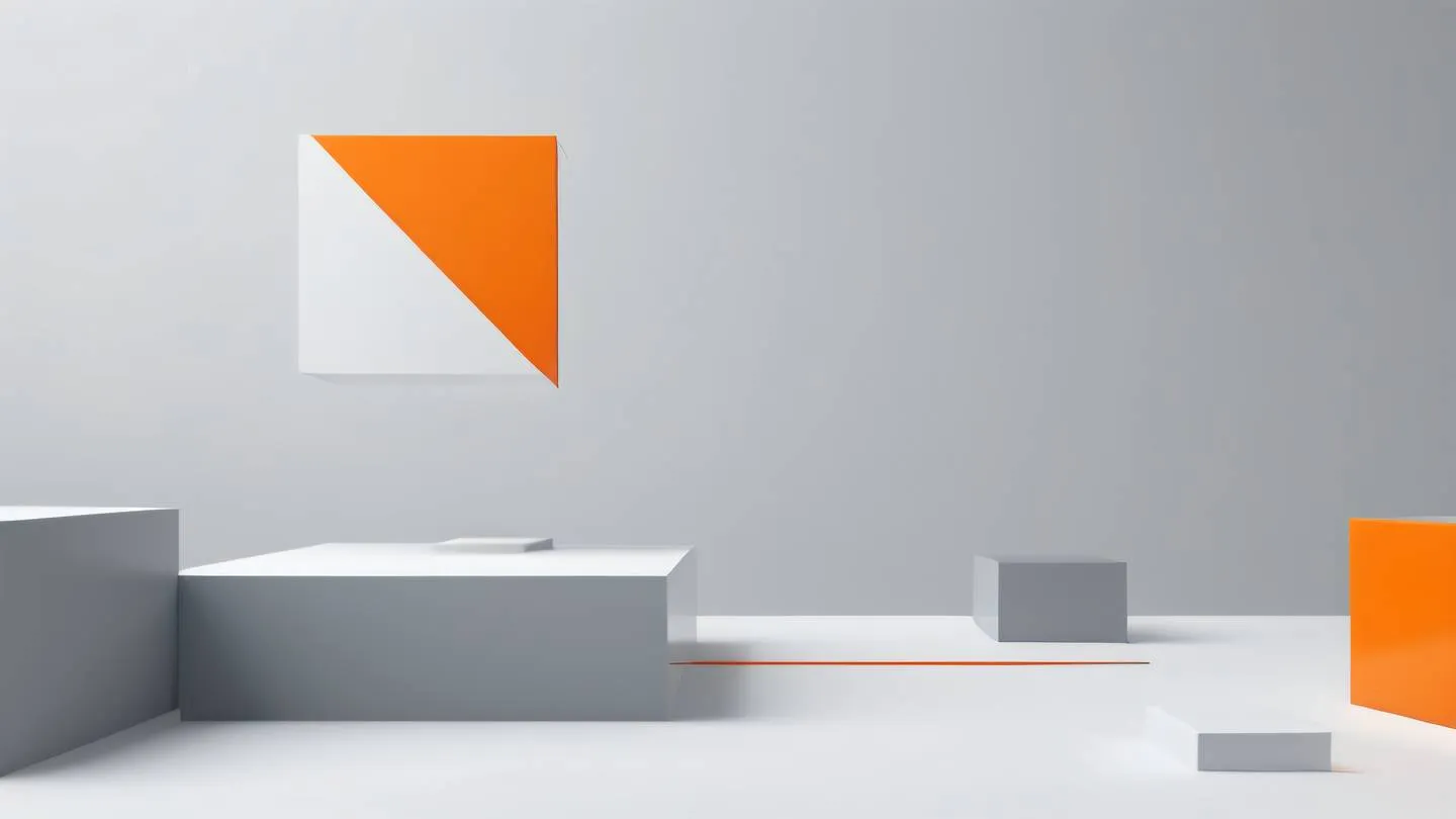 Abstract geometric composition showing layered material design elements floating in space. Colors: modern greys with bright orange highlights against a clean white background. Photographed straight on with slight depth perspective high-quality ultra-realistic cinematic 8K UHD high resolution sharp and detail