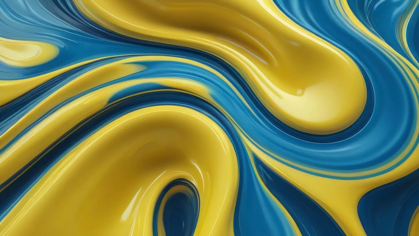 Abstract flowing liquid shapes with organic curves and waves featuring bright minimalist yellow and blue tones sharp edges transitioning into smooth surfaces captured from a top-down perspective high-quality ultra-realistic cinematic 8K UHD high resolution sharp and detail