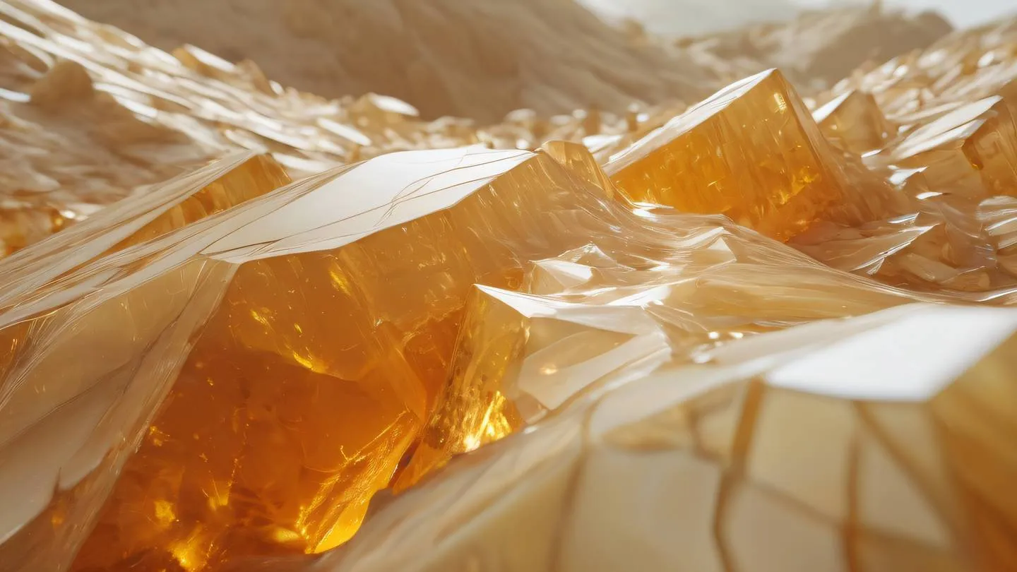 Crystalline formations emerging from smooth surfaces dominant amber and creamy colors with subtle orange highlights photographed from a low angle with diagonal composition high-quality ultra-realistic cinematic 8K UHD high resolution sharp and detail