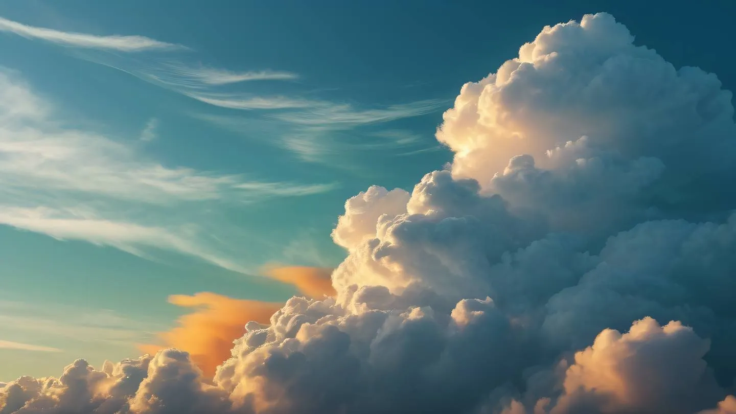 Layered cloud formations with dynamic swirls and patterns blue and green color palette with orange accent clouds photographed from a slight upward angle high-quality ultra-realistic cinematic 8K UHD high resolution sharp and detail