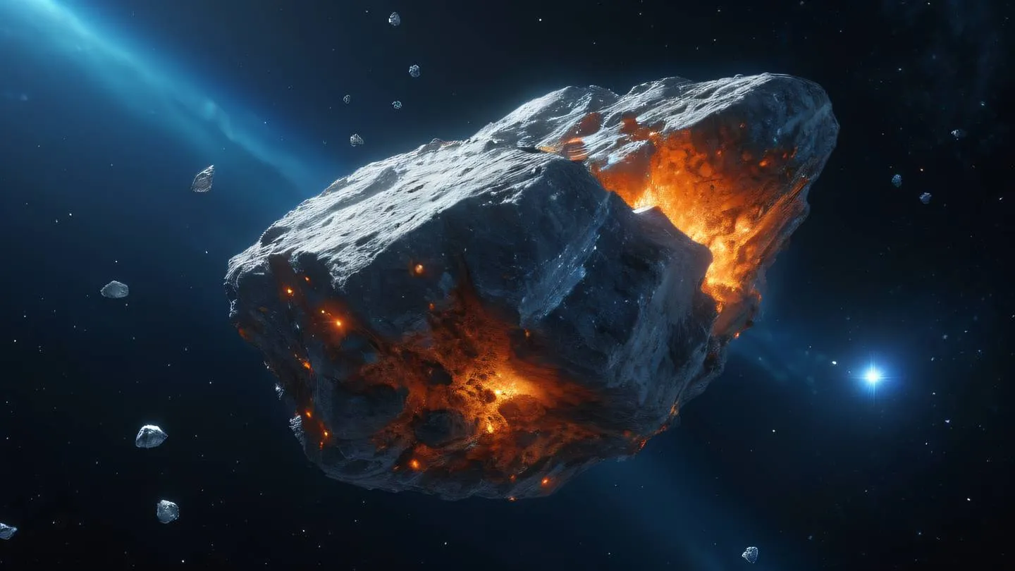 Rocky asteroid floating in space with geometric crystal formations bright orange and blue color scheme with creamy highlights captured from a dramatic side angle showing depth and texture high-quality ultra-realistic cinematic 8K UHD high resolution sharp and detail