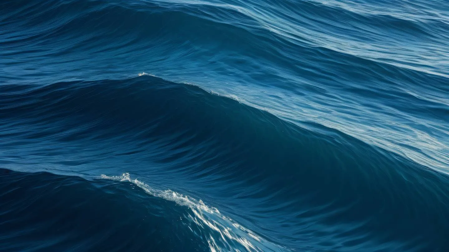 A serene composition of overlapping waves and curved elements in deep ocean blue and azure tones representing flow and adaptation viewed from a straight-on perspective high-quality ultra-realistic cinematic 8K UHD high resolution sharp and detail