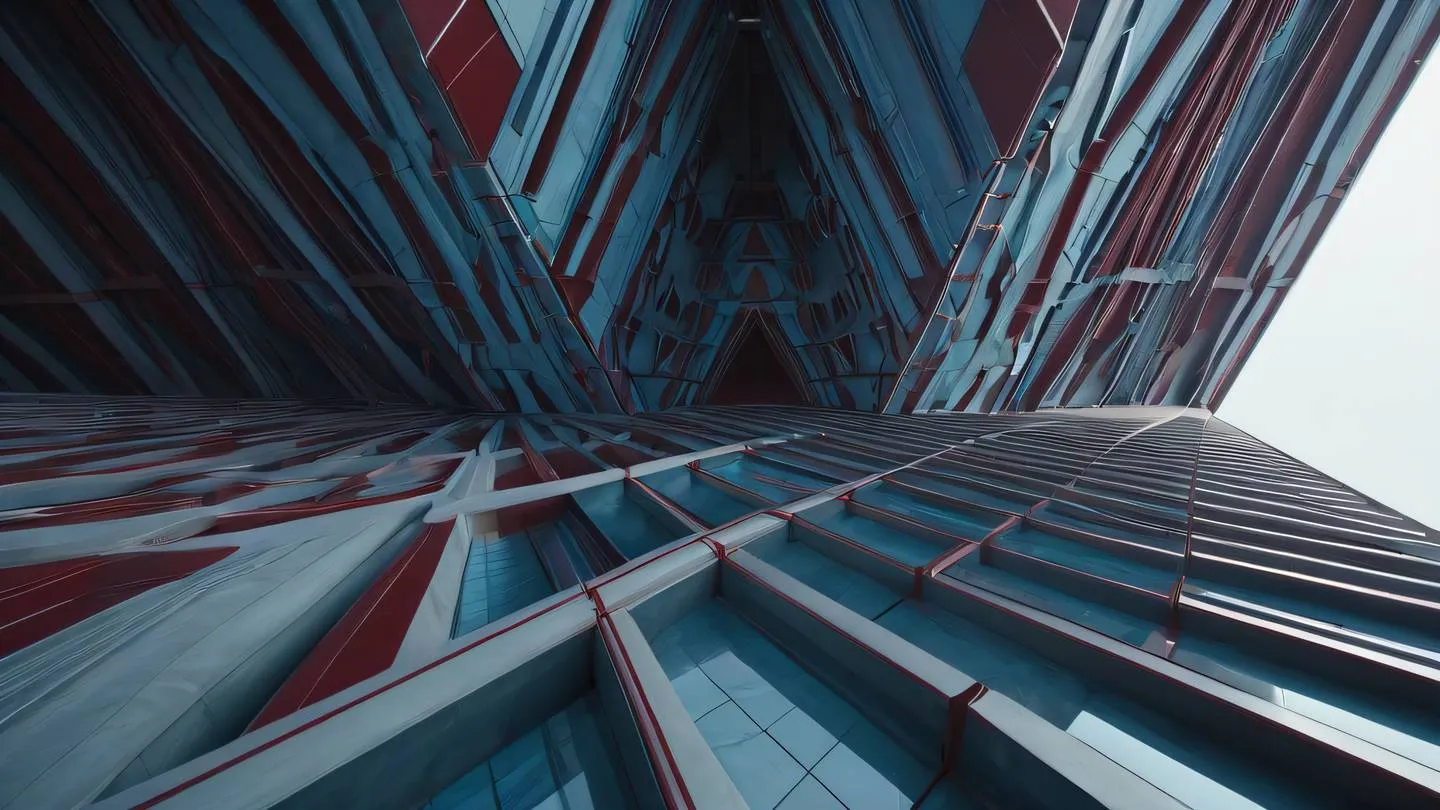 An architectural abstract design with geometric shapes and patterns featuring maroon and stone blue colors interweaving in a balanced composition shot from a low angle perspective high-quality ultra-realistic cinematic 8K UHD high resolution sharp and detail